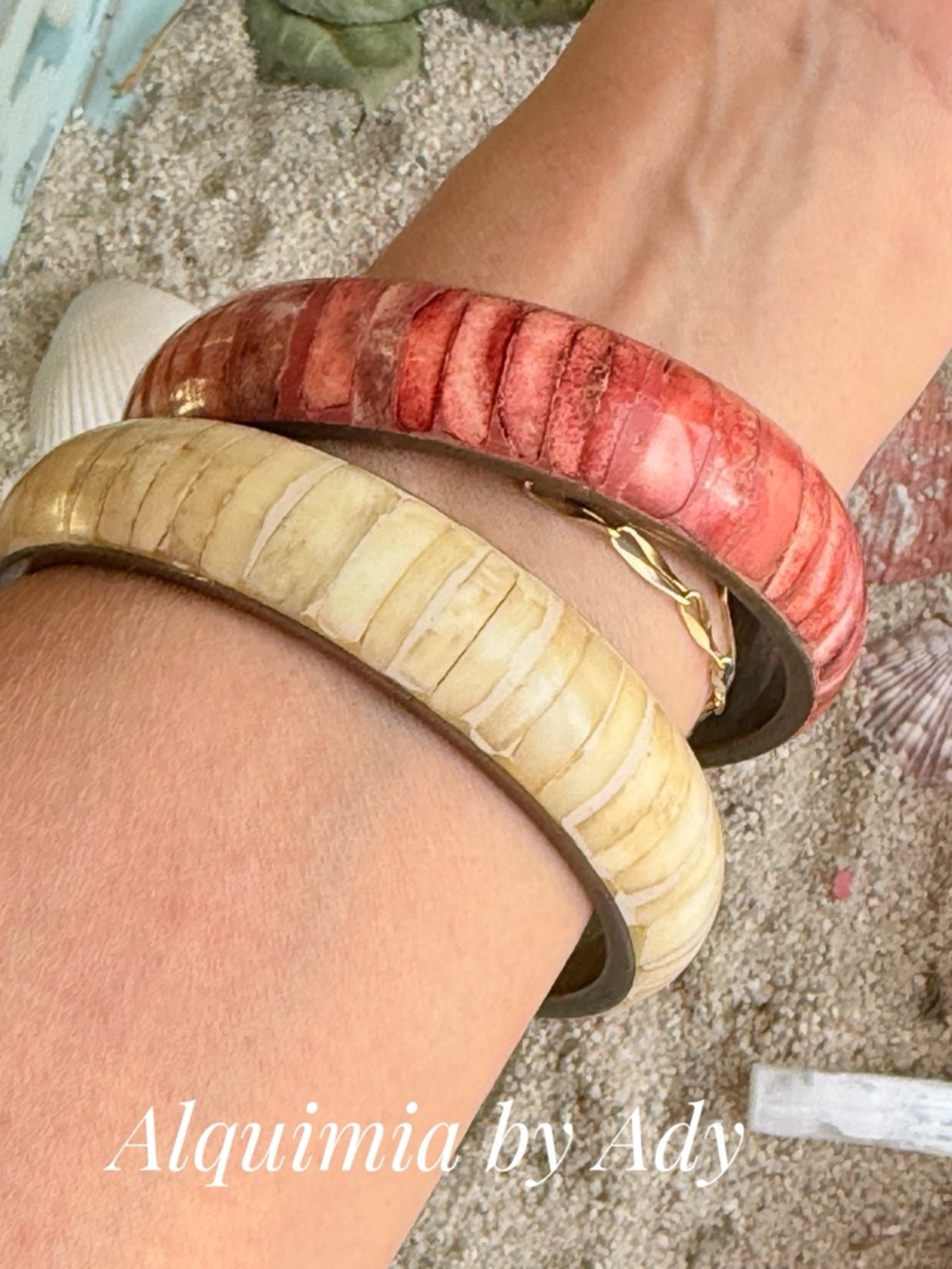 Vintage Coral and Cream bone brass inlay Stackable Bangle Pair